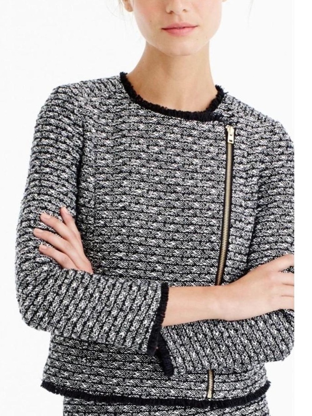 J. Crew Fringed Tweed Moto Jacket Black White Asymmetrical Zip - Women’s Size 6
